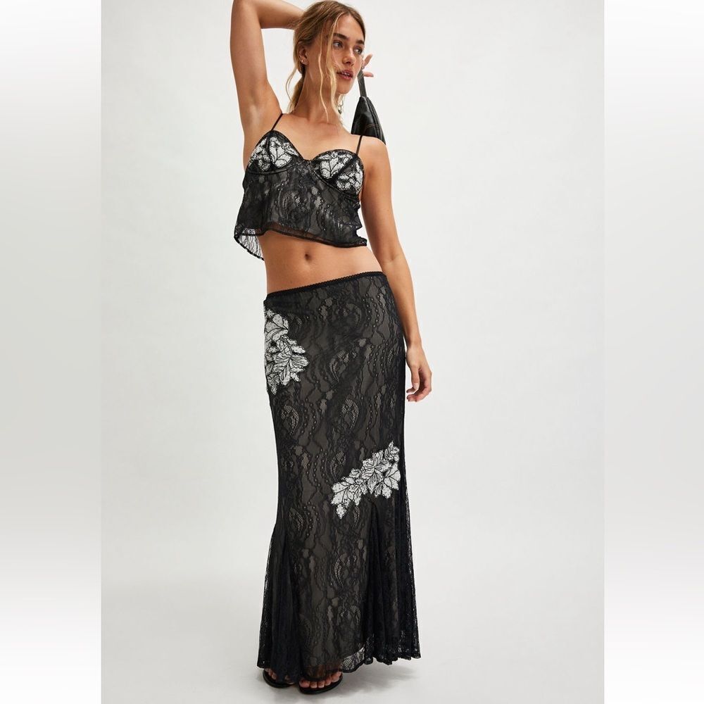 Free People Bali Meet Me at Midnight Lace Maxi Skirt Set in Black NWOT